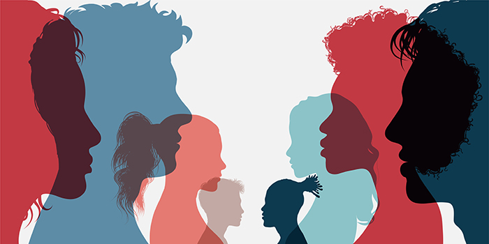 Diversity multi-ethnic and multiracial people. Silhouette group of men and women of diverse culture standing together in front of the other.